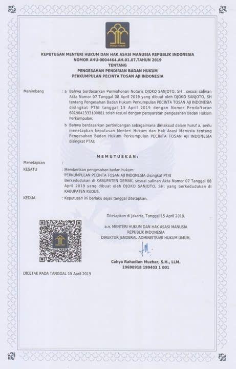 Surat Legalitas Perkumpulan Pecinta Tosan Aji Indonesia